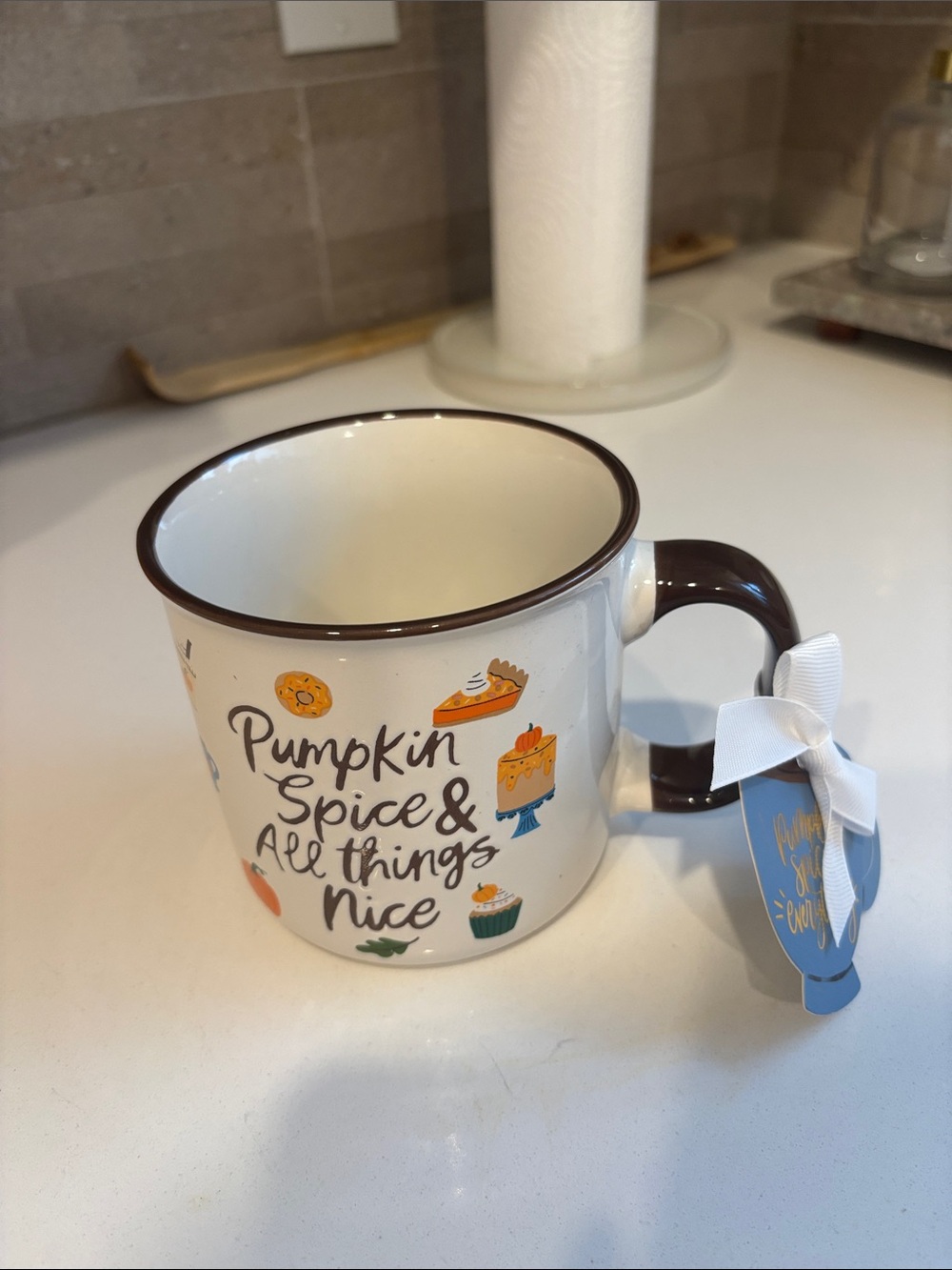Pumpkin Spice & All Things Nice Ceramic Mug - White with Brown Trim